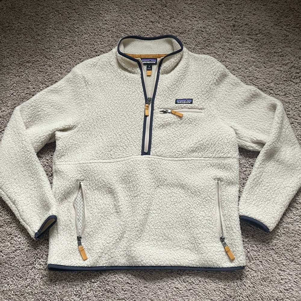 Patagonia Retro Pile Quarter Zip Fleece Pullover Cream Blue Trim Size M
